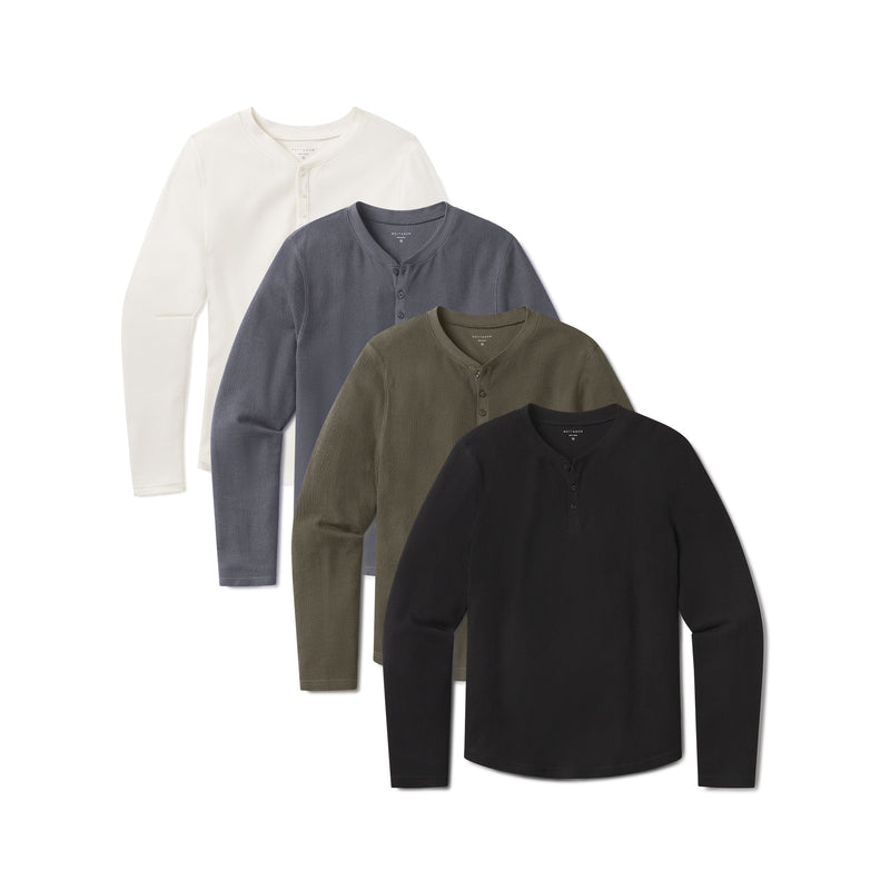 Men wearing Black/Bone/Dark Moss/Blue Ink Cotton Waffle Curved Hem Henley 4-Pack tees