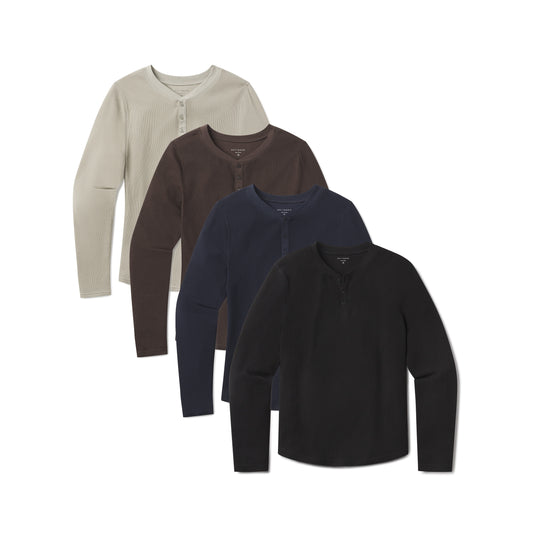 Cotton Waffle Curved Hem Henley 4-Pack Black/Taupe/Cocoa/Navy Henley tees