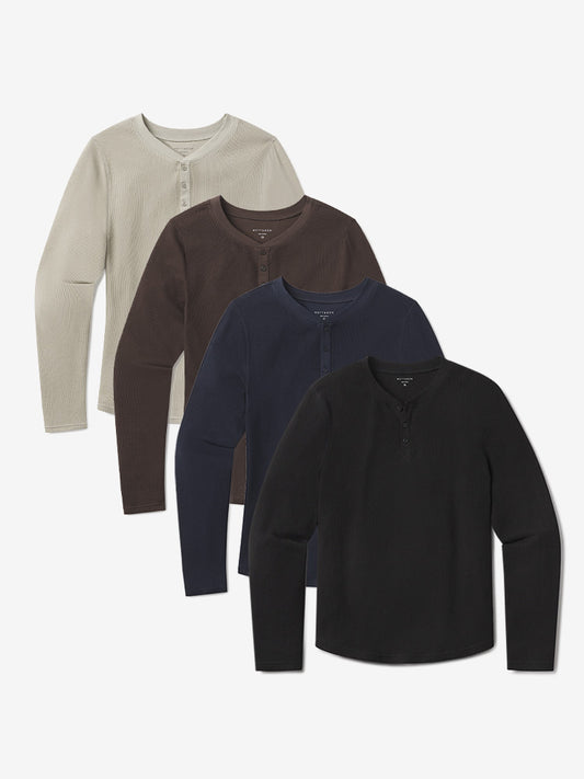 Cotton Waffle Curved Hem Henley 4-Pack Black/Taupe/Cocoa/Navy Henley tees