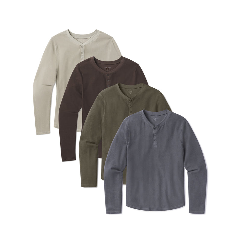 Men wearing Blue Ink/Cocoa/Dark Moss/Taupe Cotton Waffle Curved Hem Henley 4-Pack tees