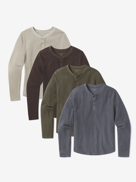 Cotton Waffle Curved Hem Henley 4-Pack Blue Ink/Cocoa/Dark Moss/Taupe Henley tees