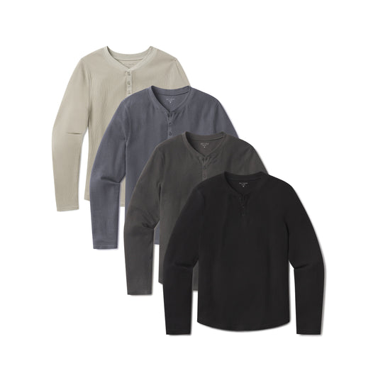 Cotton Waffle Curved Hem Henley 4-Pack Blue Ink/Dark Gray/Black/Taupe Henley tees