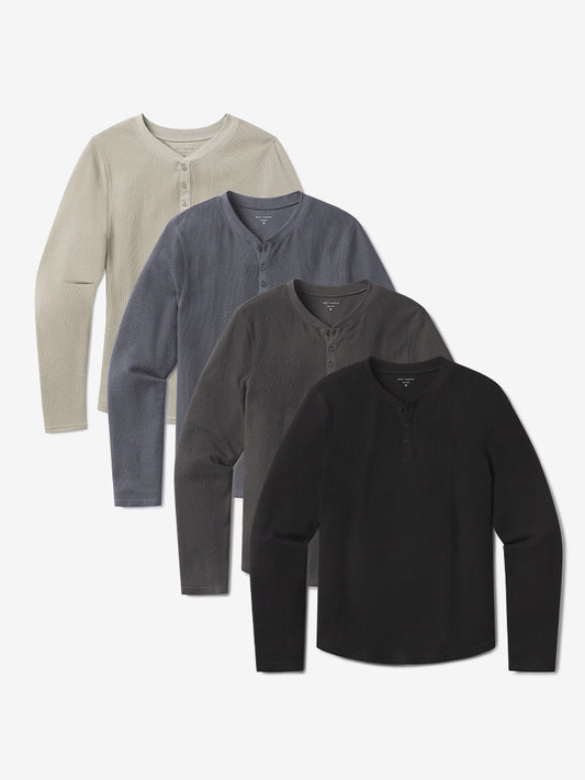 Cotton Waffle Curved Hem Henley 4-Pack Blue Ink/Dark Gray/Black/Taupe Henley tees