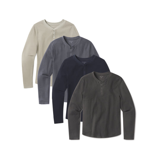 Cotton Waffle Curved Hem Henley 4-Pack Blue Ink/Navy/Taupe/Dark Gray Henley tees
