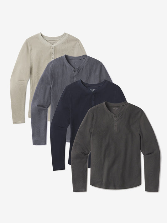 Cotton Waffle Curved Hem Henley 4-Pack Blue Ink/Navy/Taupe/Dark Gray Henley tees