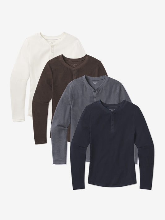 Cotton Waffle Curved Hem Henley 4-Pack Dark Gray/Blue Ink/Bone/Cocoa Henley tees
