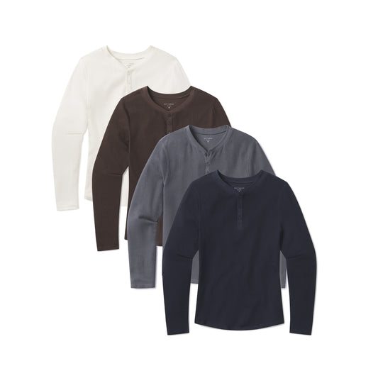 Cotton Waffle Curved Hem Henley 4-Pack Dark Gray/Blue Ink/Bone/Cocoa Henley tees