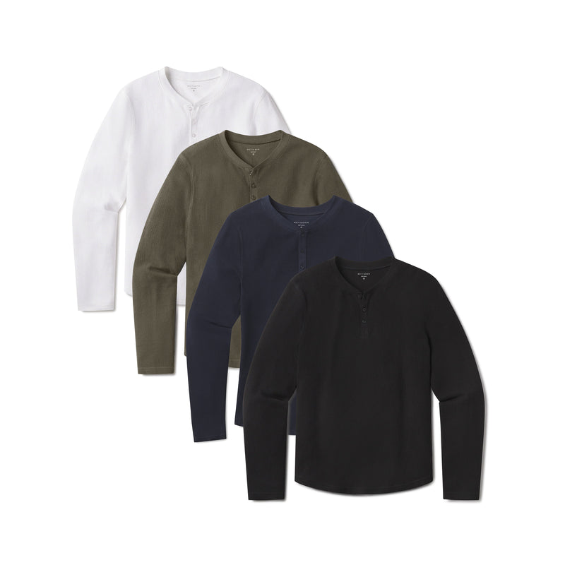 Men wearing White/Dark Moss/Black/Navy Cotton Waffle Curved Hem Henley 4-Pack tees