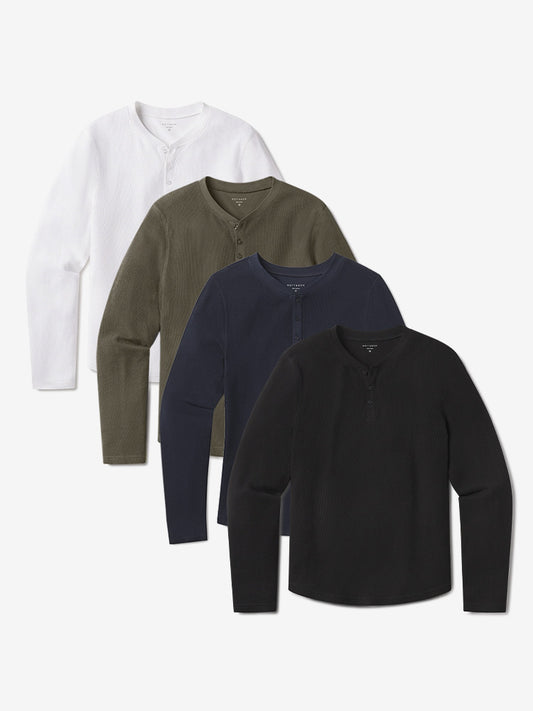 Cotton Waffle Curved Hem Henley 4-Pack White/Dark Moss/Black/Navy Henley tees