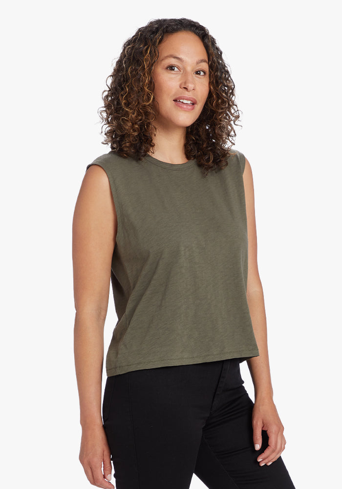 Women wearing Vert Militaire Relaxed Slub Tank