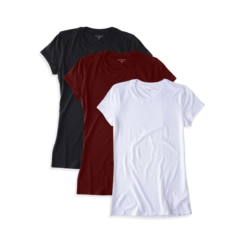 Women wearing Black/Crimson/White Fitted Crew Marcy 3-Pack tees