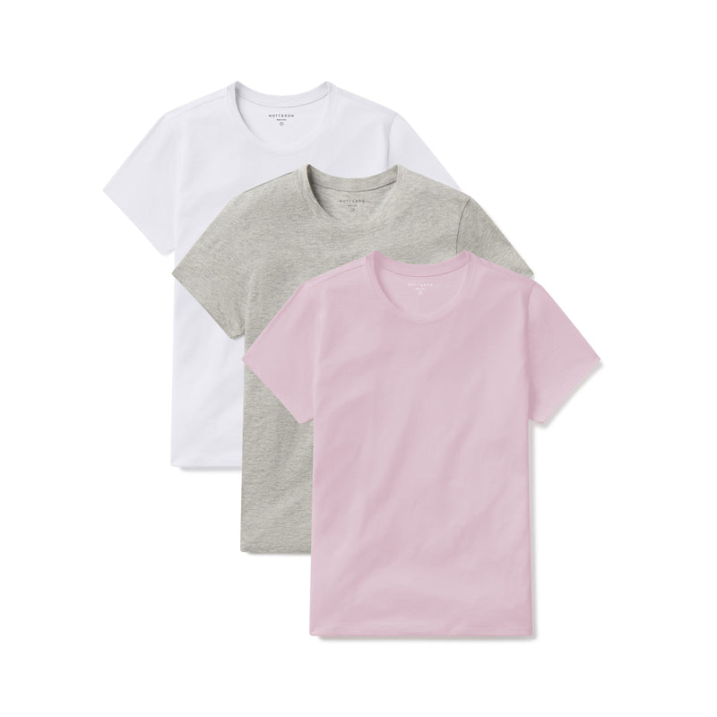Women wearing White/Heather Gray/Rose Pink Fitted Crew Marcy 3-Pack tees