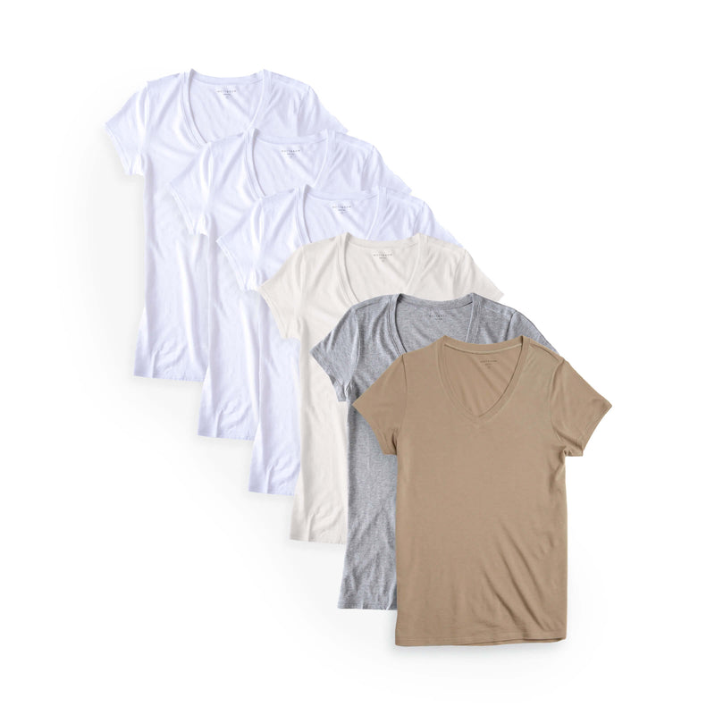 Women wearing Blanco/Blanco vintage/Gris jaspeado/Verde oliva Fitted V-Neck Marcy 6-Pack tees