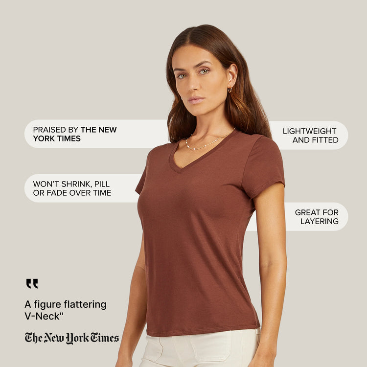 Women wearing Mocha Fitted V-Neck Marcy Tee
