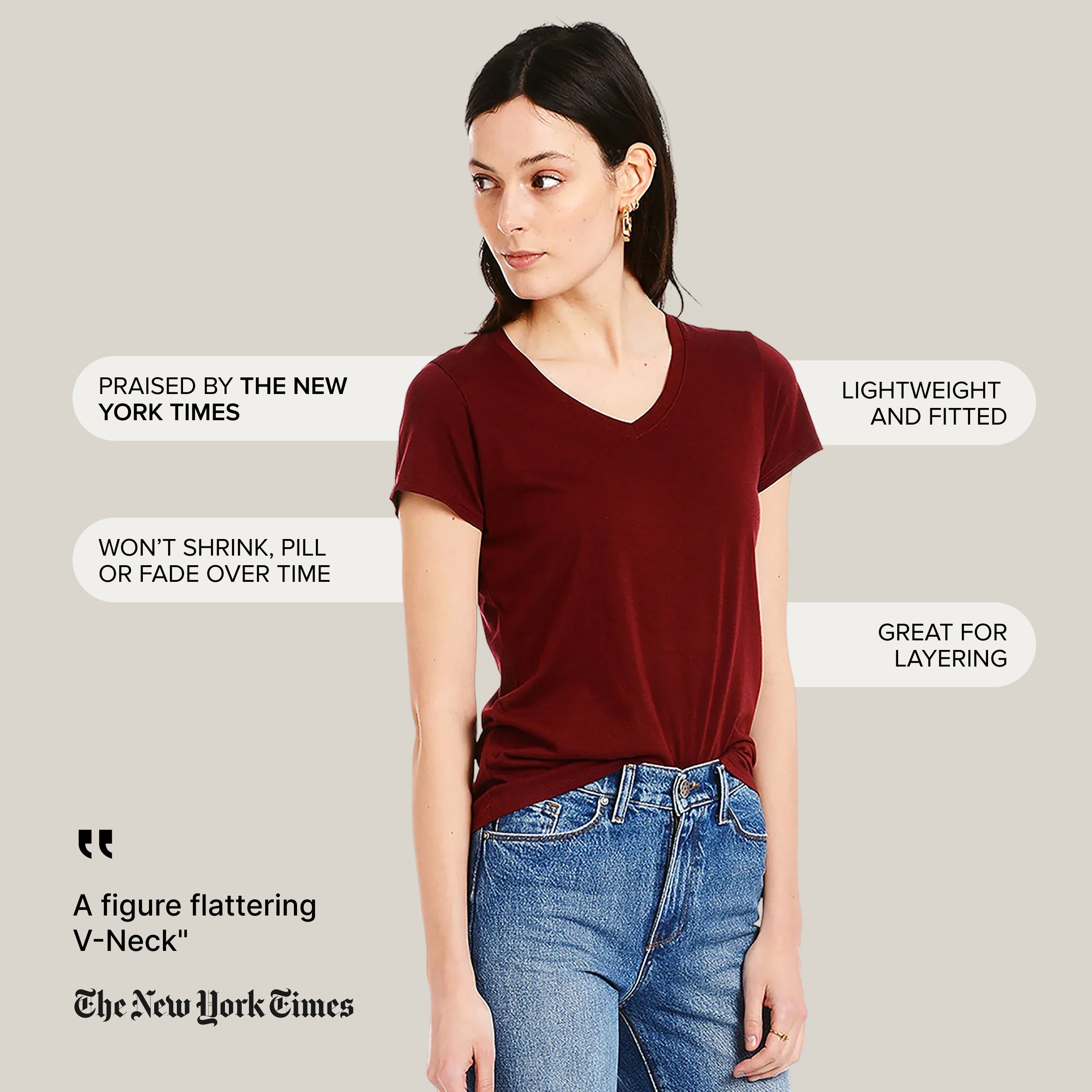 Women wearing Cramoisi Fitted V-Neck Marcy Tee