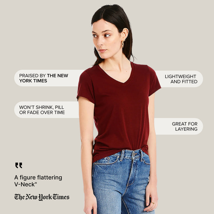 Women wearing Cramoisi Fitted V-Neck Marcy Tee