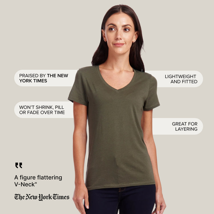 Women wearing Military Green Fitted V-Neck Marcy Tee
