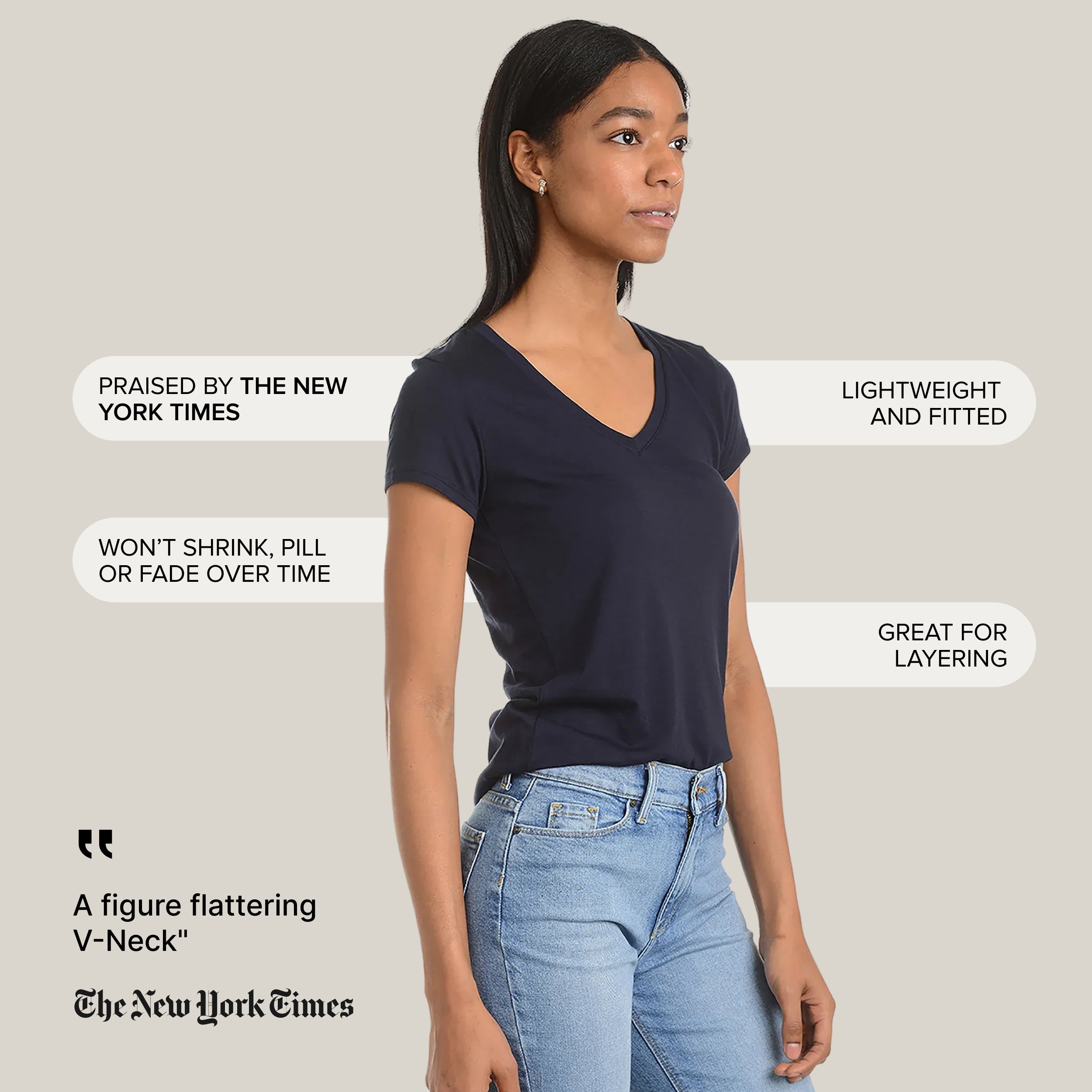 Women wearing Navy Fitted V-Neck Marcy Tee