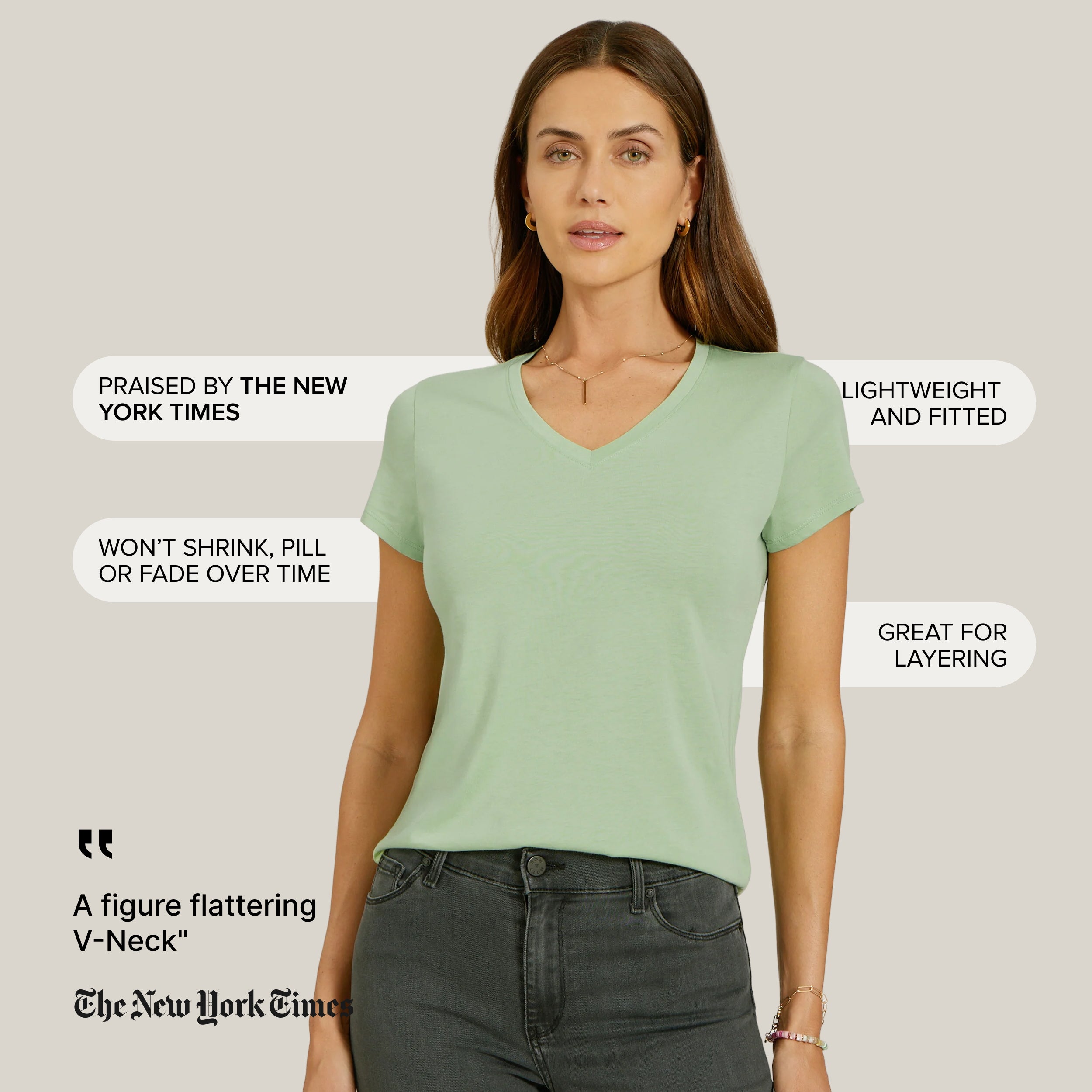 Women wearing Pistachio Fitted V-Neck Marcy Tee