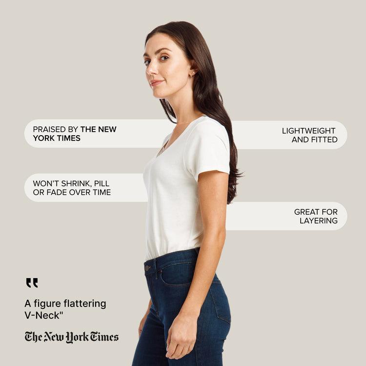 Women wearing Vintage White Fitted V-Neck Marcy Tee