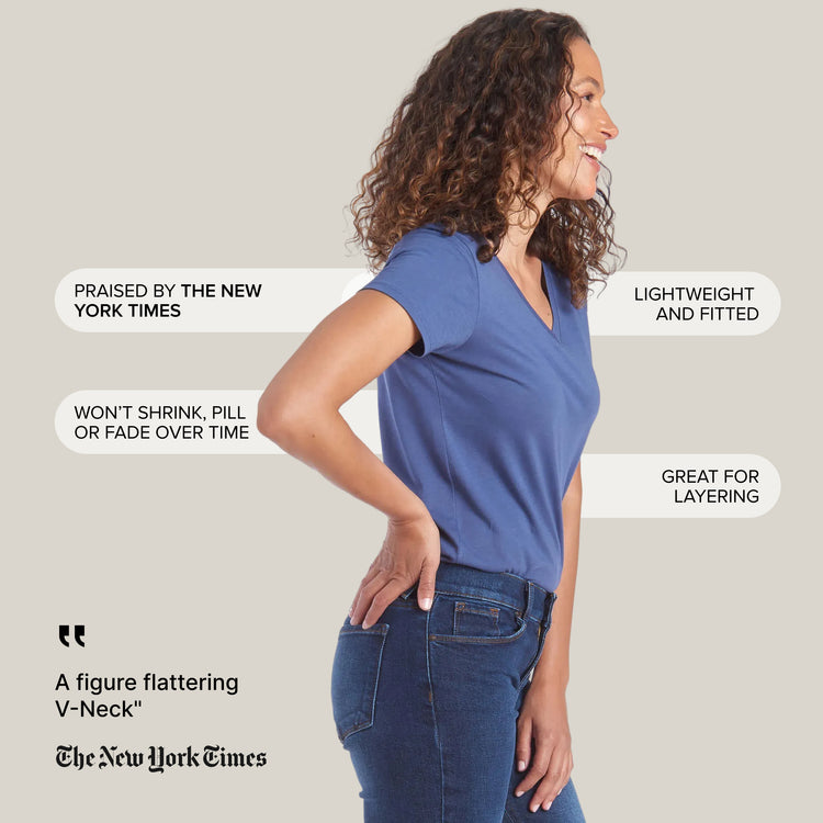 Women wearing Vintage Navy Fitted V-Neck Marcy Tee