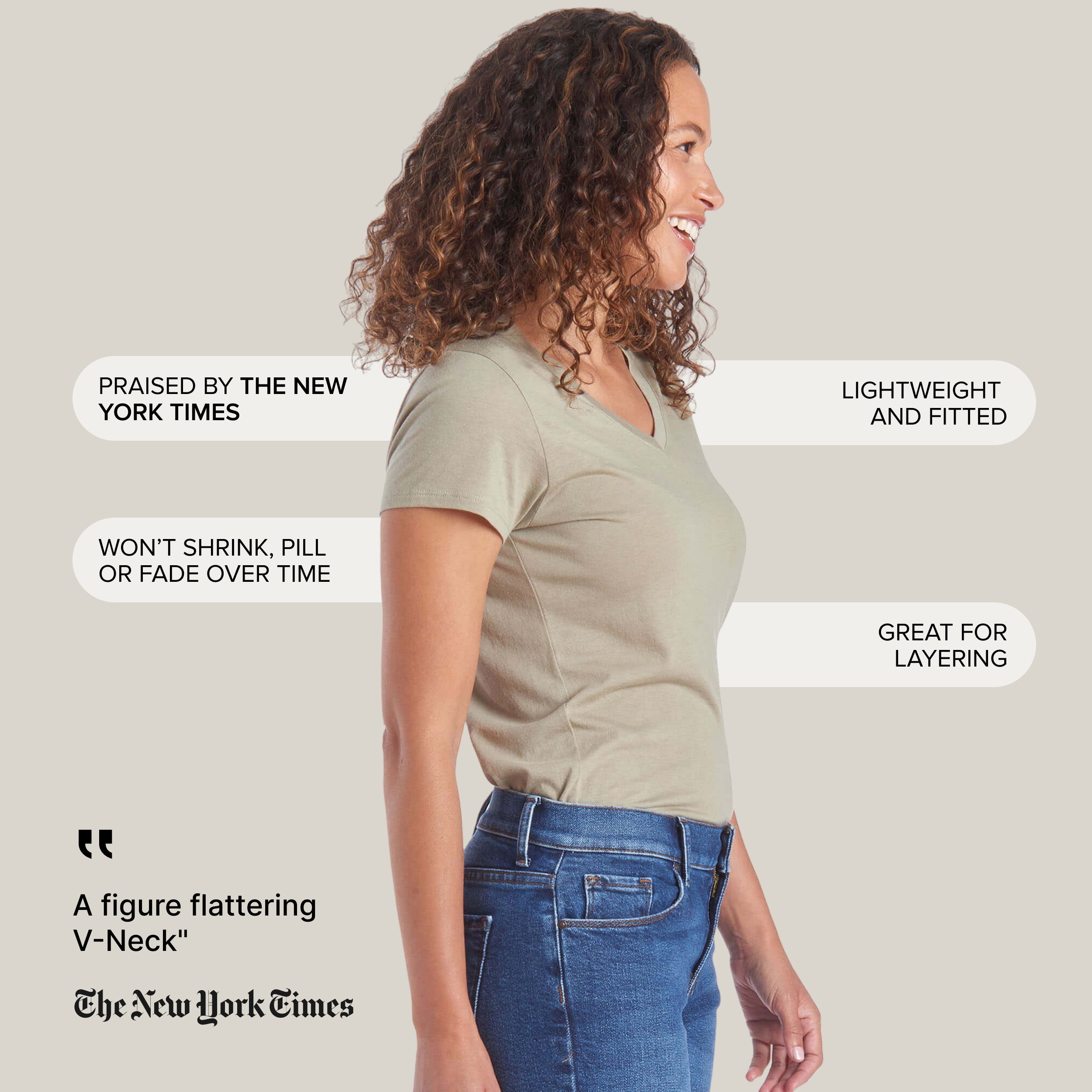 Women wearing Olive Fitted V-Neck Marcy Tee