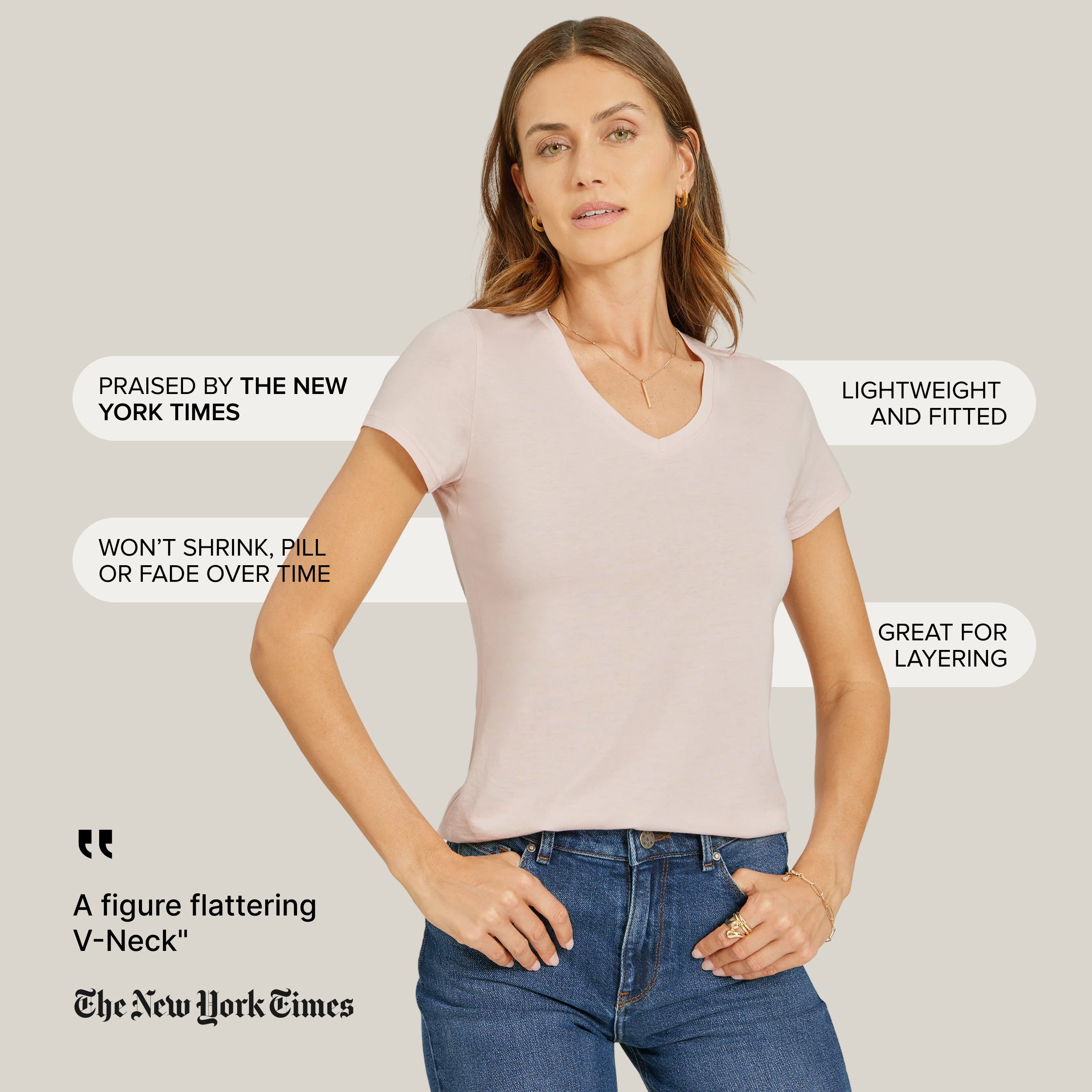 Women wearing Champagne Fitted V-Neck Marcy Tee