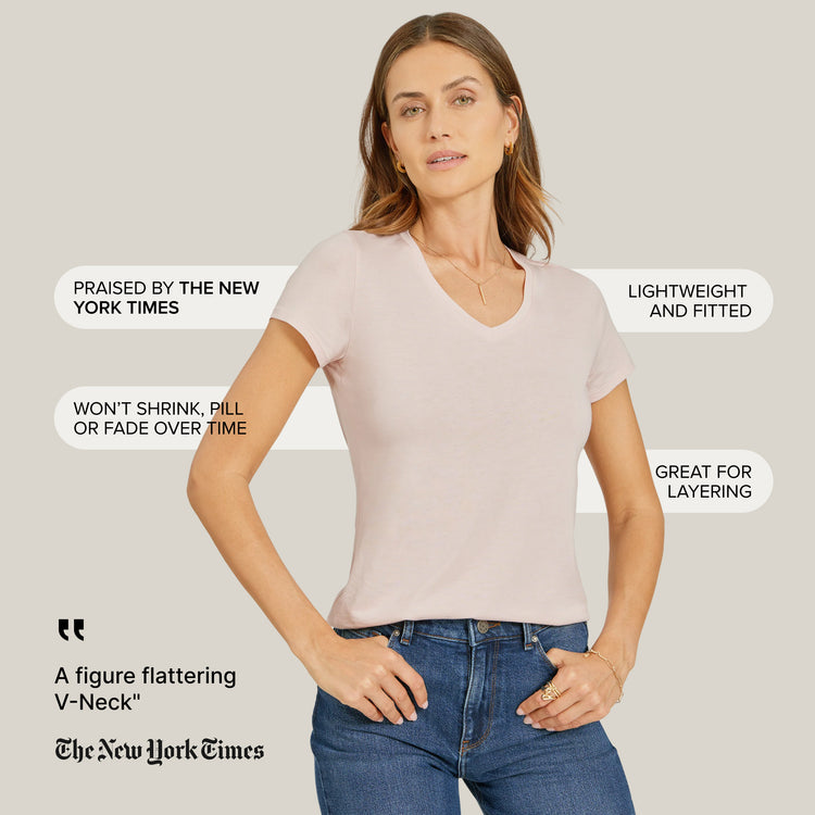 Women wearing Champagne Fitted V-Neck Marcy Tee