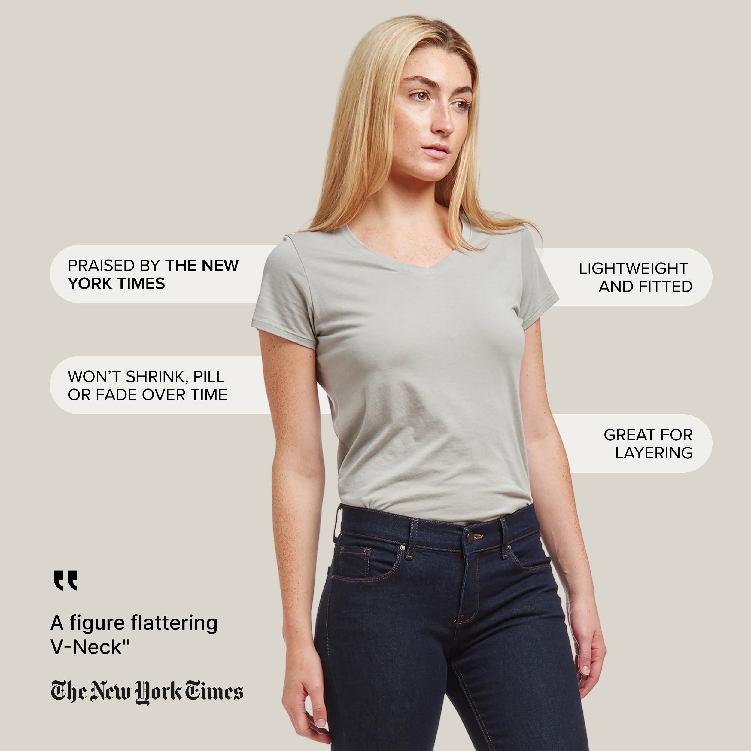Women wearing Light Gray Fitted V-Neck Marcy Tee
