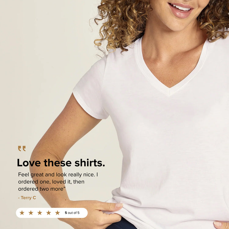 Women wearing White Fitted V-Neck Marcy Tee