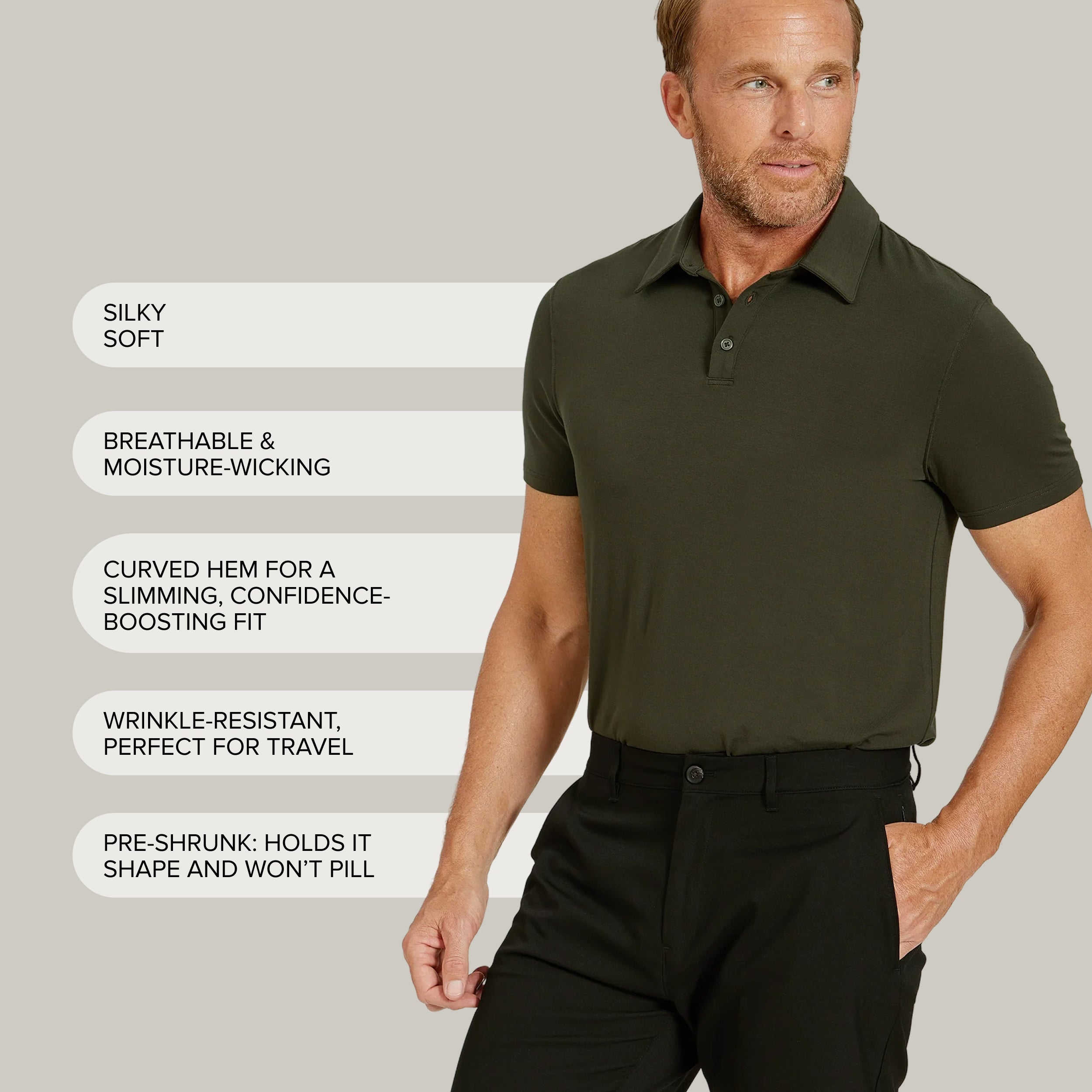 Men wearing Black Luxe Performance Polo tees