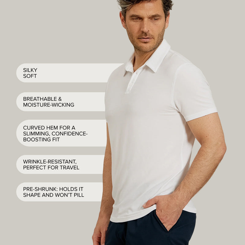 Men wearing Black Luxe Performance Polo tees