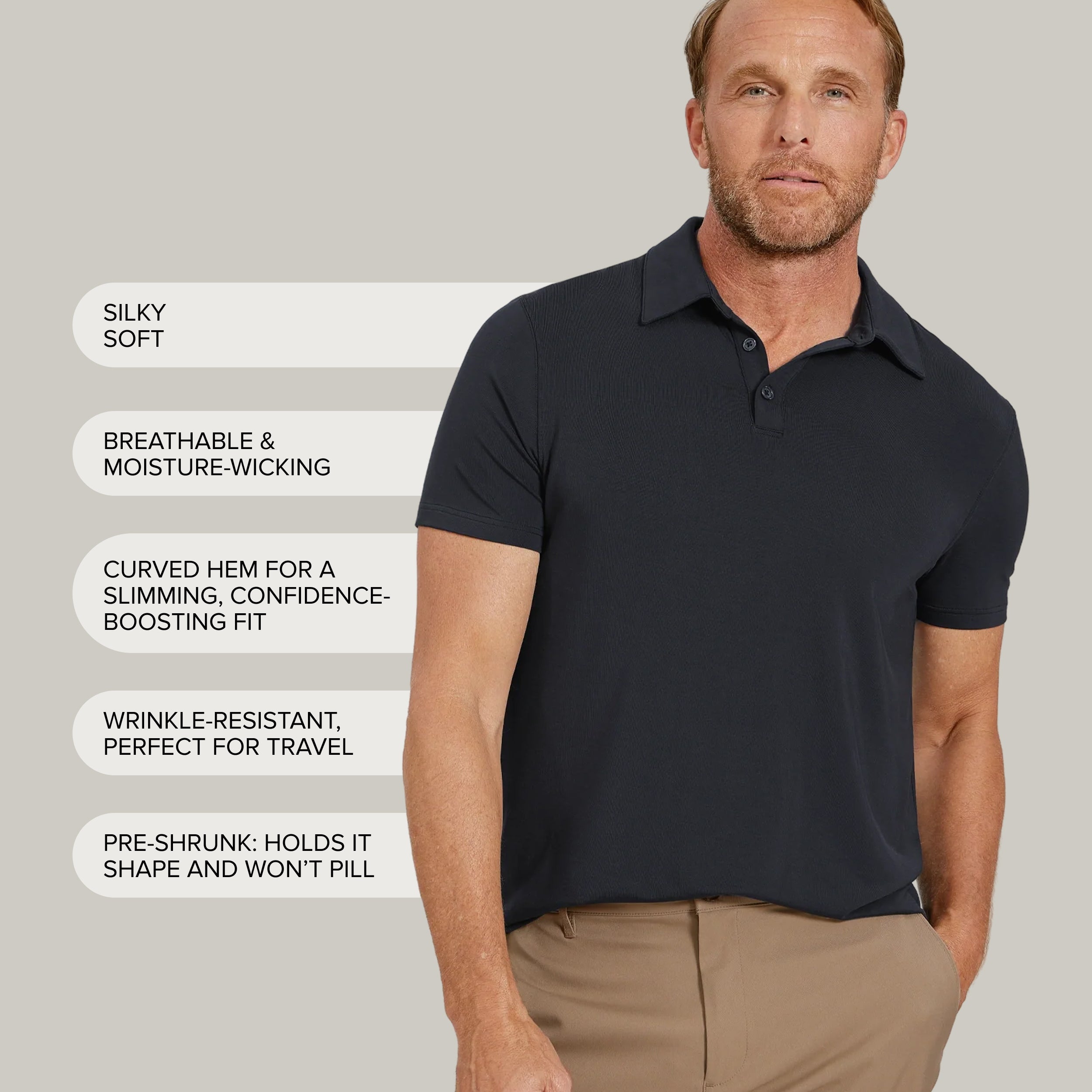 Men wearing Black Luxe Performance Polo tees