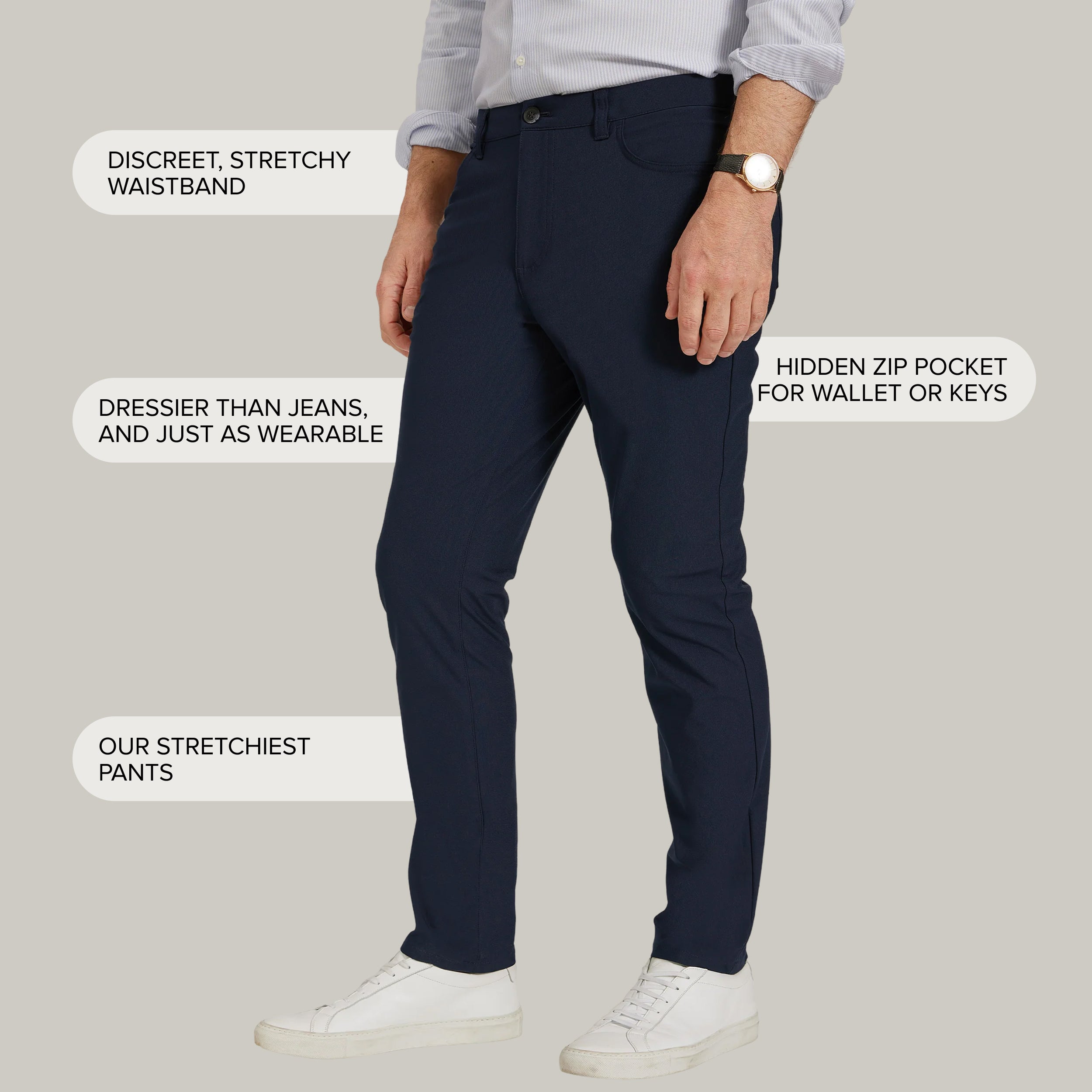 Men wearing Navy 5 Pocket Travel Pants