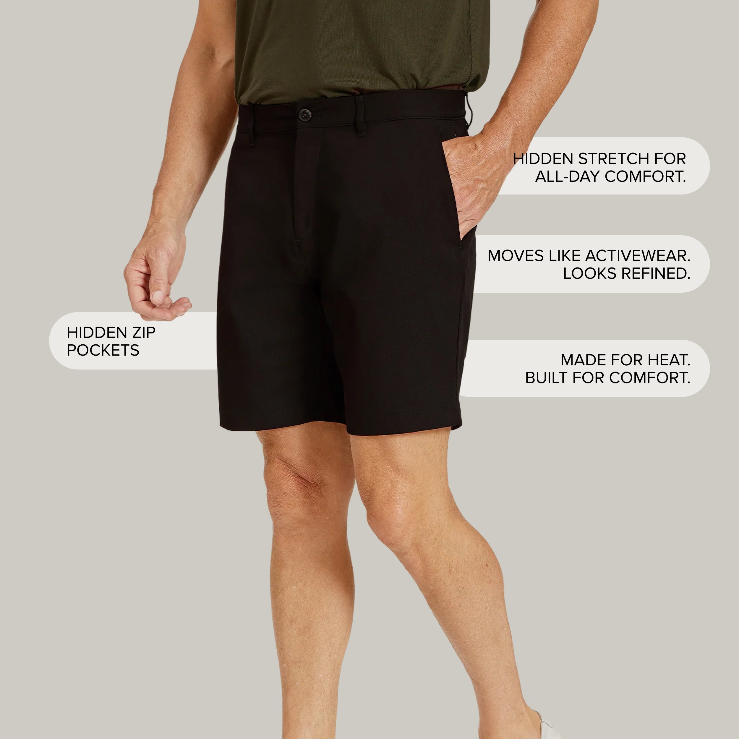 Men wearing Black Tech Shorts shorts