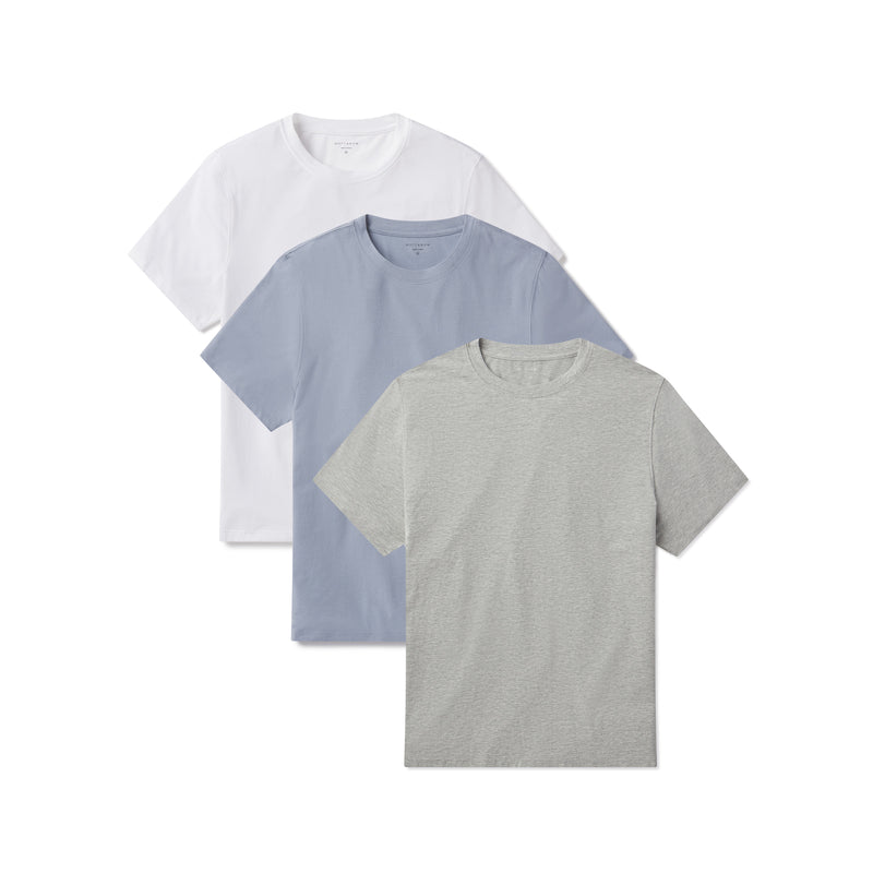 Men wearing White/California Blue/Heather Gray Luxe Stretch Tee 3-Pack tees