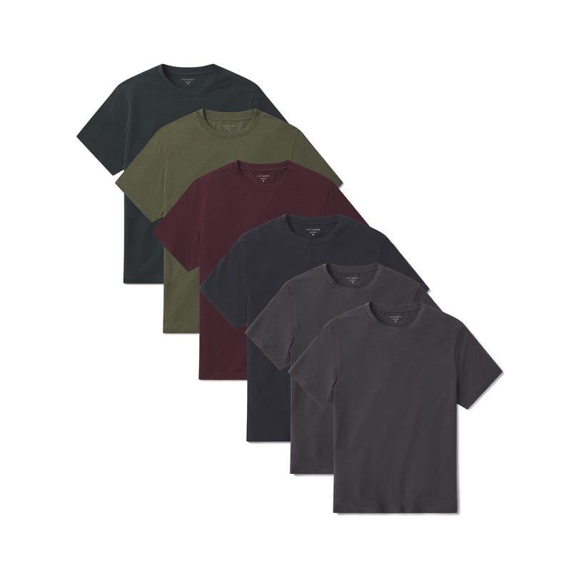 Men wearing Dark Olive/Pine/Maroon/Navy/Dark Gray/Dark Gray Luxe Stretch Tee 6-Pack tees