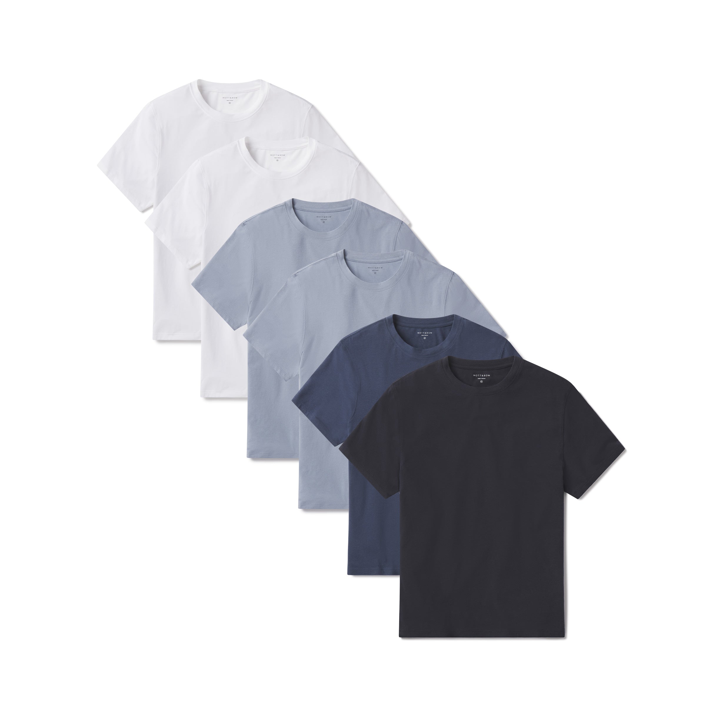 Men wearing White/White/California Blue/California Blue/Graphite Blue/Navy Luxe Stretch Tee 6-Pack tees
