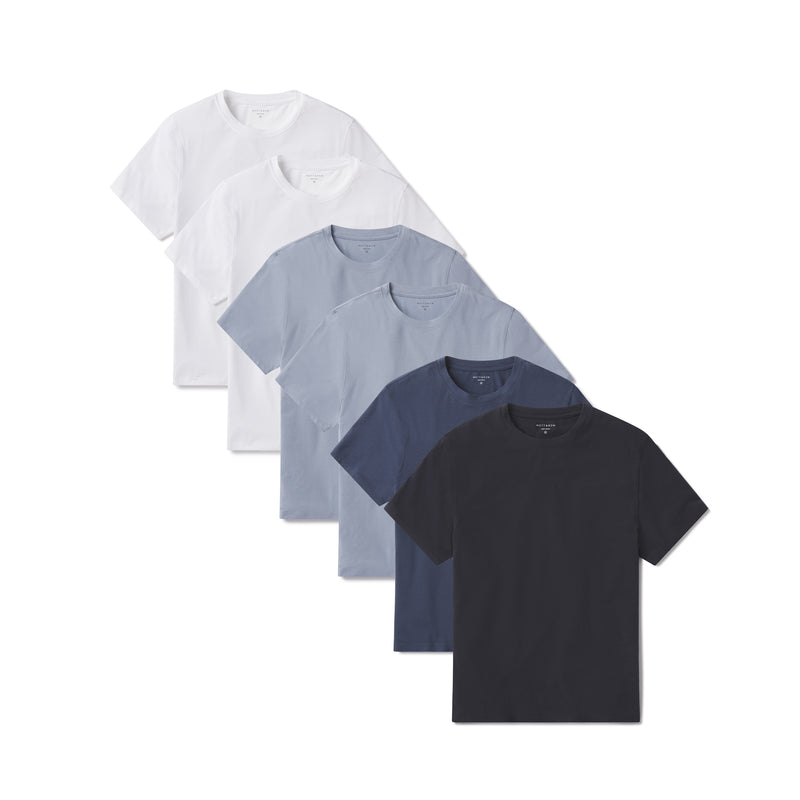 Men wearing White/White/California Blue/California Blue/Graphite Blue/Navy Luxe Stretch Tee 6-Pack tees