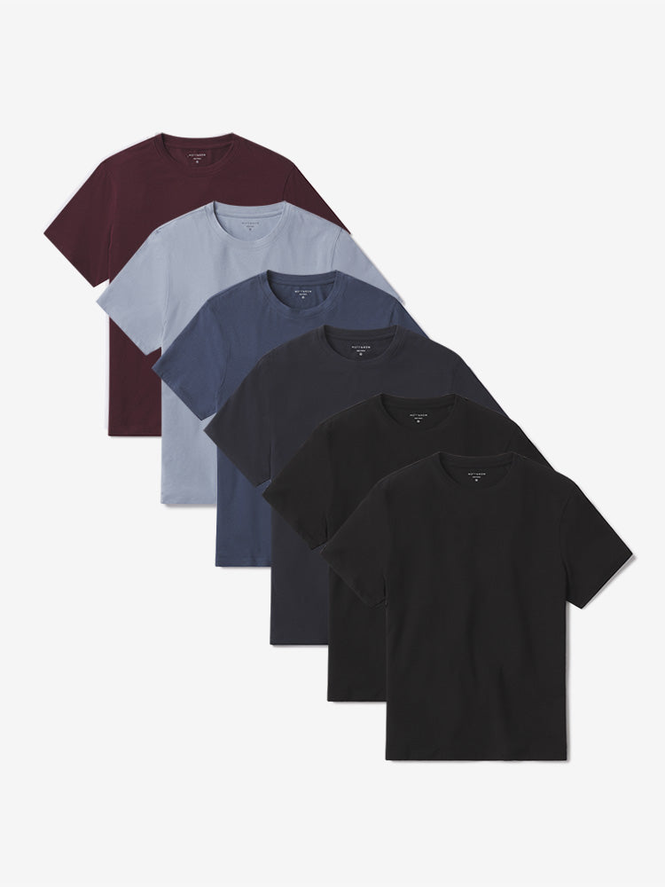 Men wearing California Blue/Graphite Blue/Navy/Maroon/Black/Black Luxe Stretch Tee 6-Pack