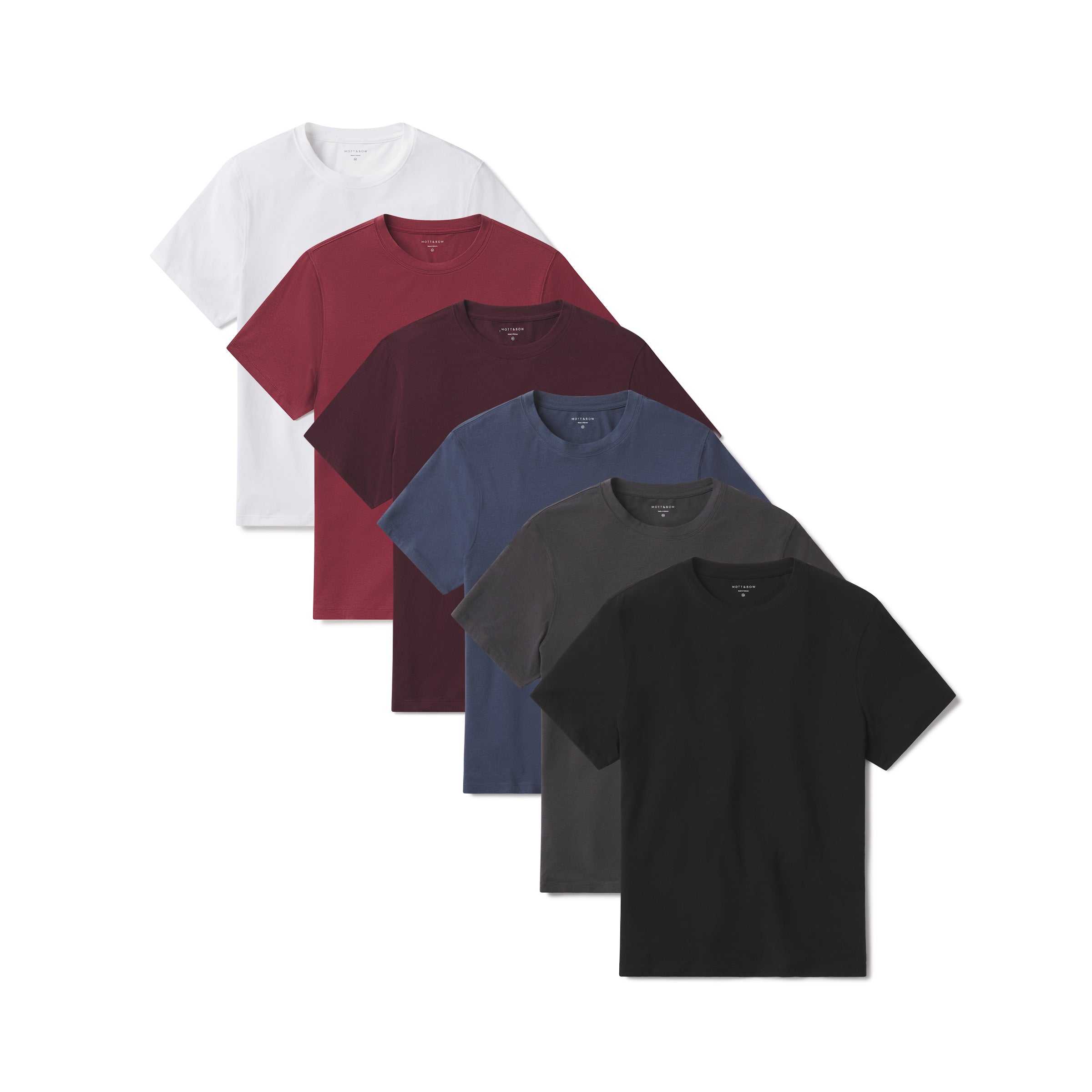 Men wearing White/Black/Graphite Blue/Brick Red/Maroon/Dark Gray Luxe Stretch Tee 6-Pack tees