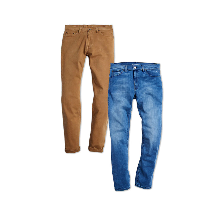  wearing Khaki/Medium Blue Straight Mercer and Straight Staple 2-Pack Jeans