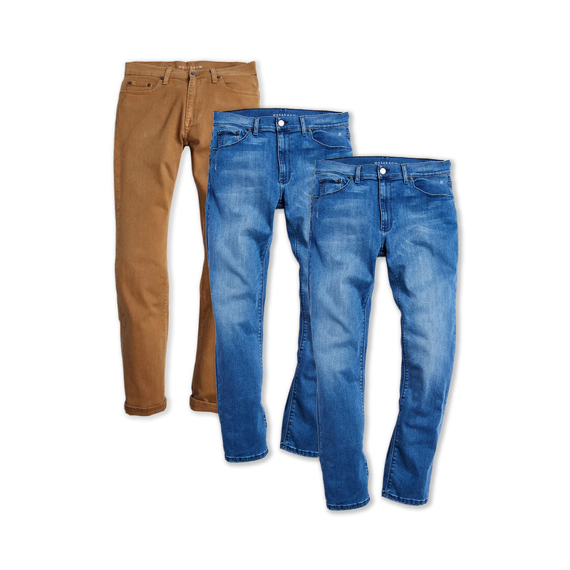  wearing Khaki/Medium Blue Straight Mercer and Straight Staple 3-Pack Jeans jeans