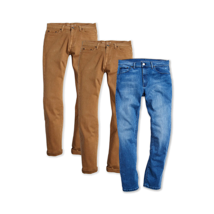  wearing Khaki/Medium Blue Straight Mercer and Straight Staple 3-Pack Jeans