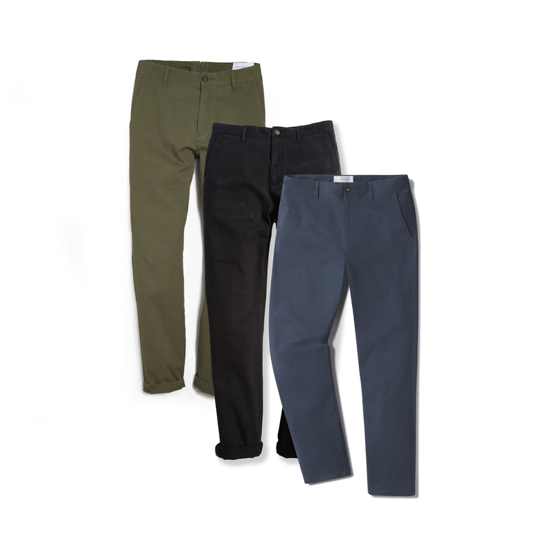 Men wearing Black/Riverside/Green Everyday Comfort Slim Chino Pants 3-Pack pants