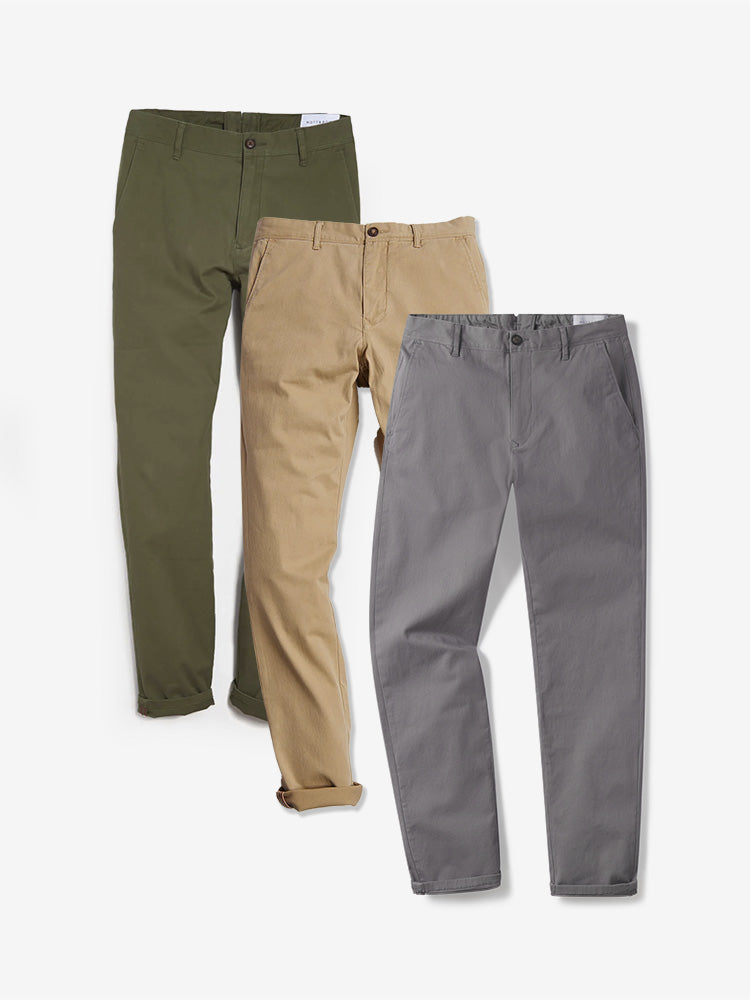 Men wearing Green/Gray/Khaki Everyday Comfort Slim Chino Pants 3-Pack