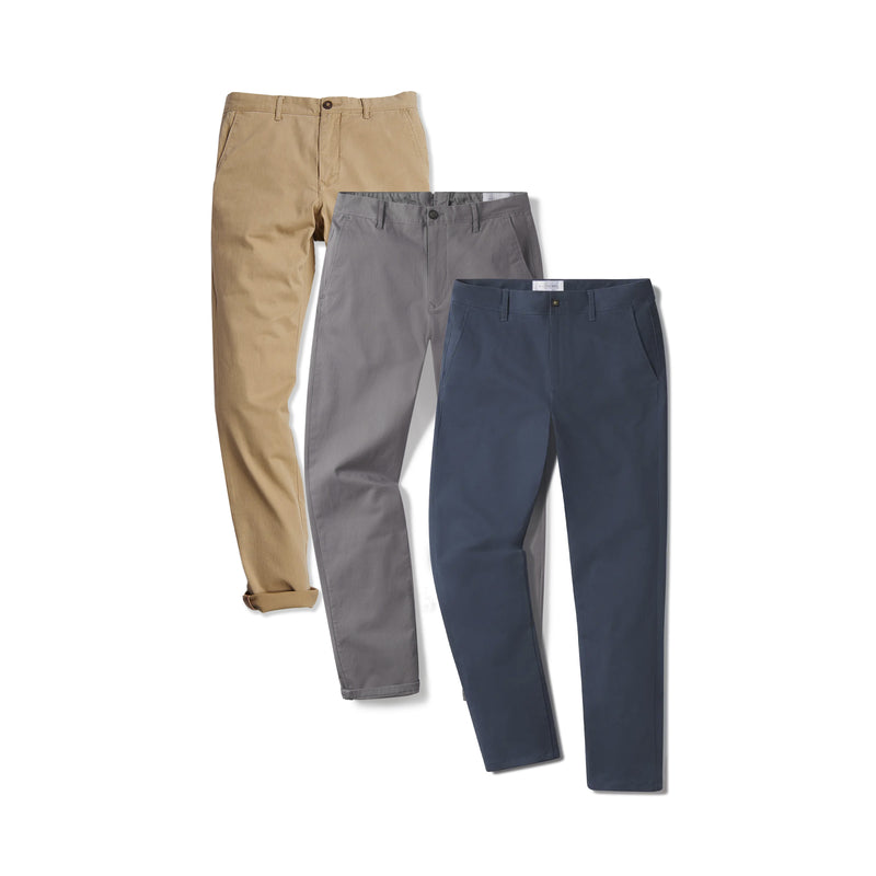 Men wearing Khaki/Riverside/Gray Everyday Comfort Slim Chino Pants 3-Pack pants