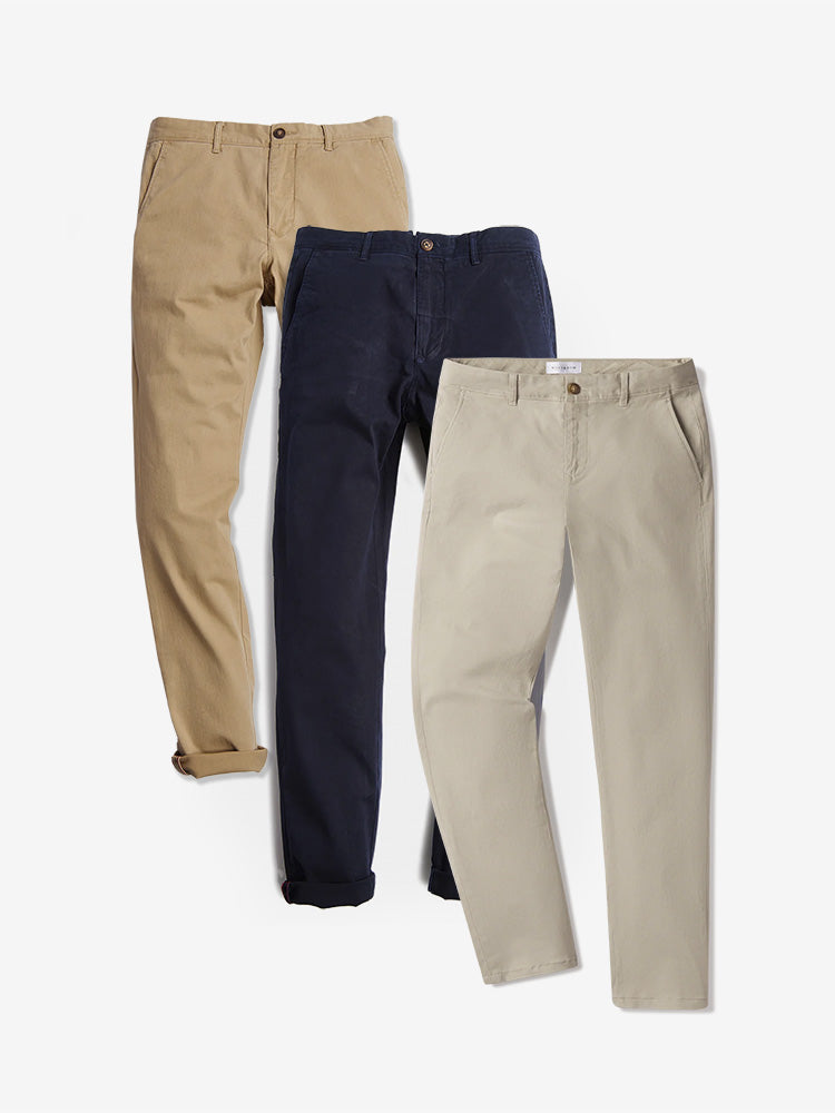 Men wearing Navy/Khaki/Ecru Everyday Comfort Slim Chino Pants 3-Pack
