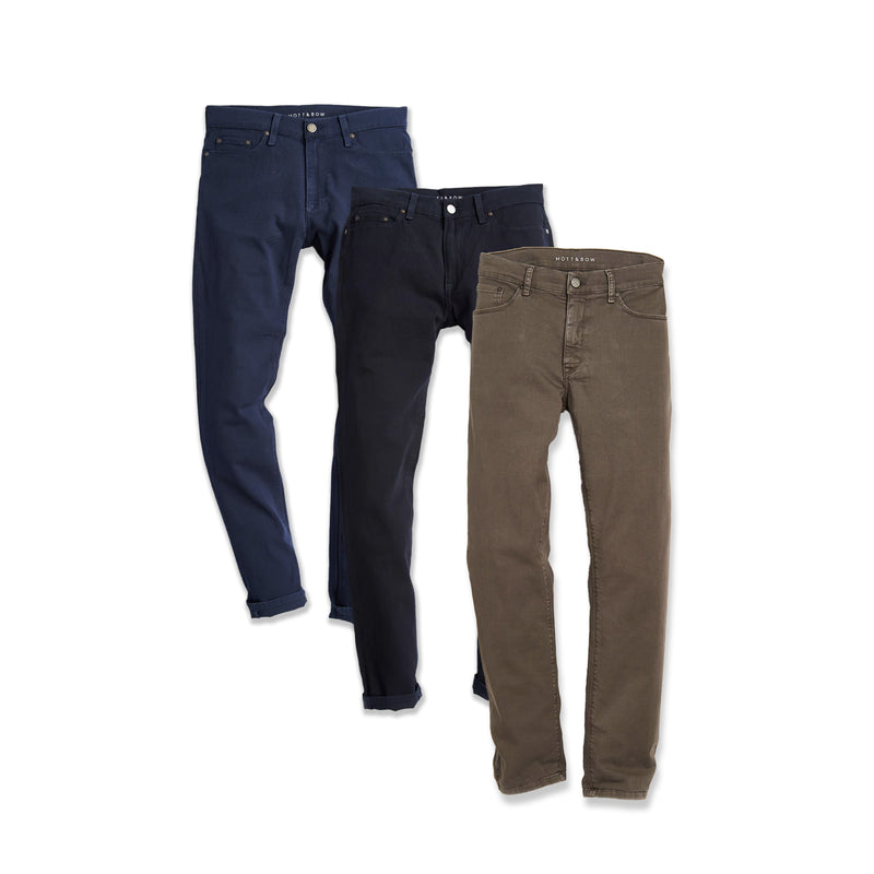 Men wearing Blue/Navy/Saddle Slim Mercer Jeans 3-Pack jeans