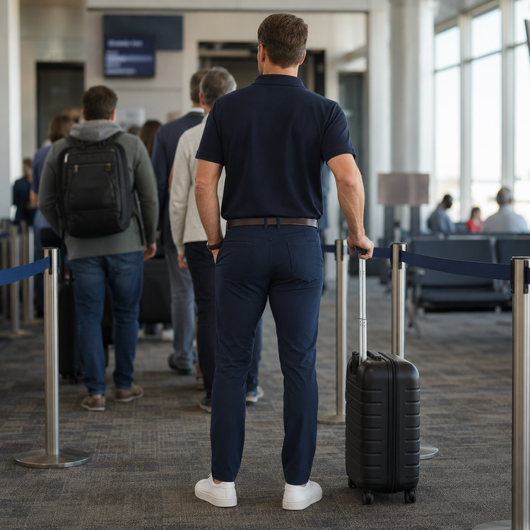 Men wearing Navy 5 Pocket Travel Pants
